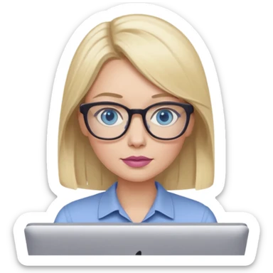 donna, occhi azzurri con occhiali, capelli medi, lisci e biondi, lavora usando il pc. Labbra color malva chiaro sticker