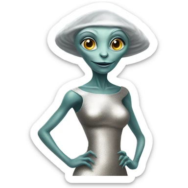 Alien reptilian woman, in silver dress, full figure, working sticker