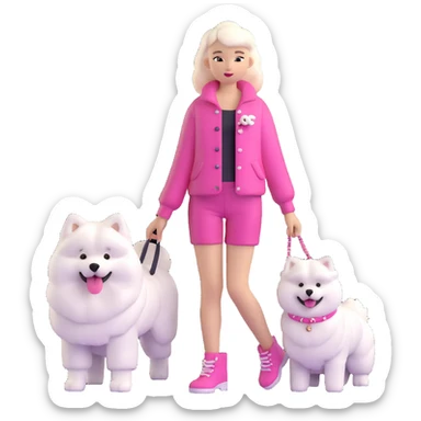 girl in pink Chanel-style outfit with white Samoyed dog sticker