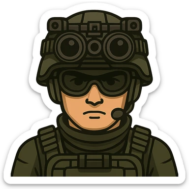 Make the white-skinned male soldier look even cooler and more intimidating, wearing stylish green gear, a distinctive modern helmet, and night vision goggles. Render in emoji style with no background (transparent). sticker