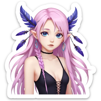 Gorgeous beautiful pretty grumpy anime lady long-pale-whitish-pastel-pink-hair with one thin braid on each side, hanging purple feather-ear-cuffs with pink tips in hair, black bodysuit, blue eyes, pink iris, ethereal, fashion aesthetic  sticker