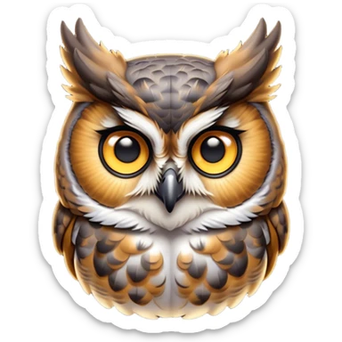 Cinematic Cute Great Horned Owl Portrait Emoji, Head tilted playfully and inquisitively, featuring a lush mottled Fur with intricate patterns of gray and white, round, sparkling golden eyes filled with curious wonder, Simplified yet irresistibly adorable features, highly detailed, glowing with a warm, friendly glow, high shine, affectionate and wise, stylized with a touch of nocturnal whimsy, bright and endearing, soft glowing outline, capturing the essence of a mischievous yet loving owl, so playful it feels like it could glide out of the screen and perch in your arms! sticker
