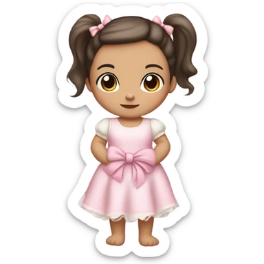 Little Baby Girl with light white skin, brown eyes. Dark hair in two ponytails, with light pink bows.  She is wearing a light pink and White dress, standing and holding a teddybear with a pink bow. Only showing up to her waist sticker