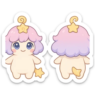 character turnaround of a chubby fluffy star spirit named Stella Puff, front side and back views, creamy white body, puffy cloud-like pastel pink purple gradient hair with a yellow star swirl on top, big round glassy blue violet eyes, coral pink blush, short arms and legs, soft golden star tail, kawaii chibi style, clean lines, transparent background sticker