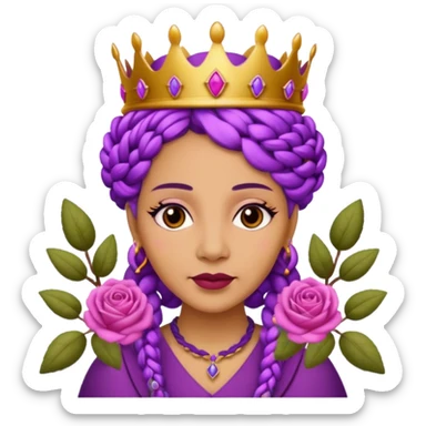 Crown Olive skin older queen with purple braids, brown eyes surrounded by roses sticker