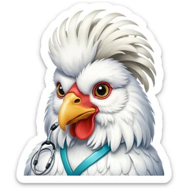 A White Silkie Bantam rooster wearing a doctor's stethoscope. The head feathers look like a large fluffy wig. sticker