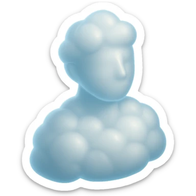person looking straight, shoulders up, body fully made of white fluffy clouds, matte glass style, clouds convex and airy sticker