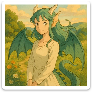 dragon girl, elegant, ghibli-inspired, soft lighting, gentle smile sticker