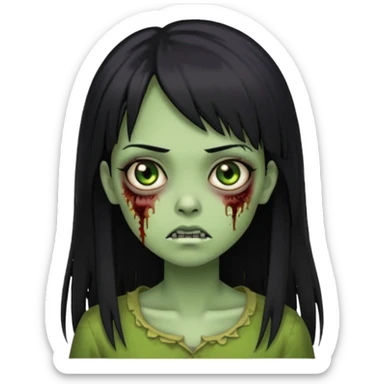 Emoji de uma garota zumbi com os cabelos longos, lisos e pretos. Ela usa uma franja curta. E tem a pele verde  sticker