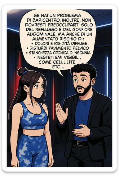 TRASFORMA QUESTO CAROSELLO IN UN FUMETTO STILE WEBTOON/MANGA A COLORI CON QUESTE DUE PERSONE IDENTICHE CHE INTERLOQUISCONO TRA LORO, L'uomo sta spiegando alla donna questo concetto:

Se hai un problema di baricentro, inoltre, non dovresti preoccuparti solo del reflusso e del gonfiore addominale, ma anche di un aumentato rischio di:
    • dolori e rigidità diffuse
    • disturbi pavimento pelvico
    • stanchezza cronica o insonnia
    • inestetismi visibili, come celluluite
    • etc… sticker