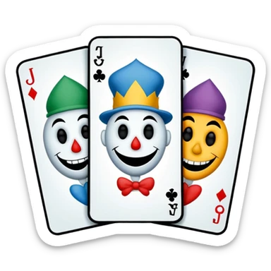 3 poker cards, with crazy colorful human jolly jokers inside, inversed face, cuphead style sticker