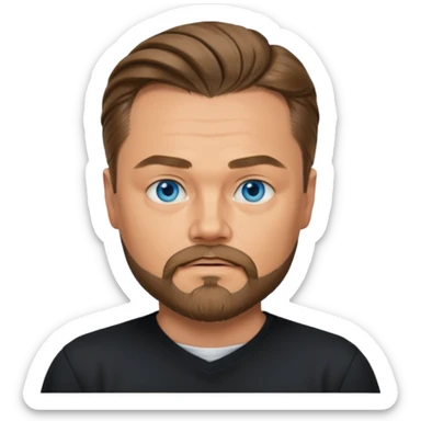 a good looking like leonardo di caprio blue eyes, beard, mustache, a black shirt, green not blue eyes, hair tied to the back sticker