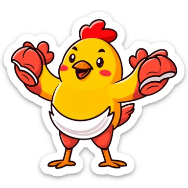 Four separate cute protein stickers: happy chicken breast with tiny arms, smiling red meat steak, cheerful salmon fillet, and joyful egg, each with little muscle arm flexing, showing their protein power sticker