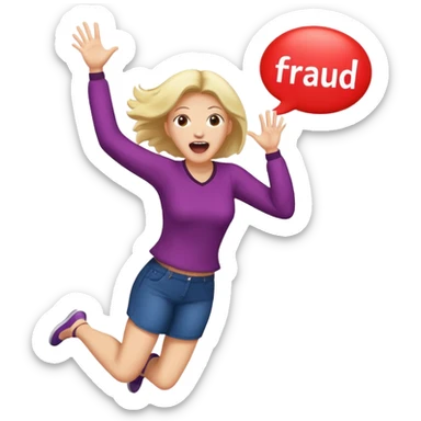 Woman jumping screaming and word “fraud” in a bubble sticker