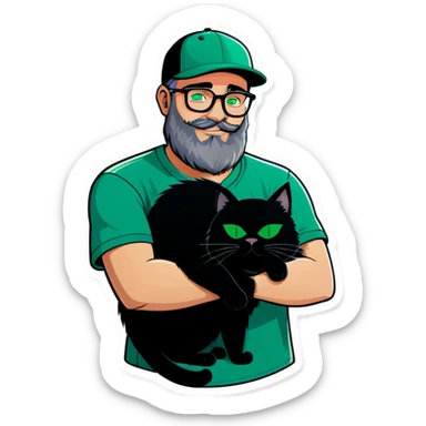 A bold man with a grey baseball cap, green eyes, big beard and glasses hugging a black cat sticker