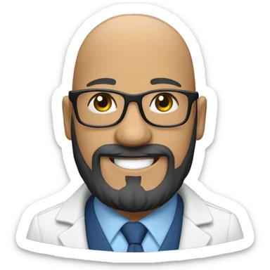 Bald man smiling with glasses and big bushy blac beard with. Wearing a white shirt and a blue coat sticker