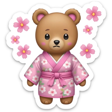 A cute light-brown bear wearing a pastel pink sakura-patterned kimono, normal balanced body ratio.  
Tilting head slightly with a confused face, a big floating question mark above the head.  
Kawaii emoji style, minimalistic clean sticker illustration, white background. sticker