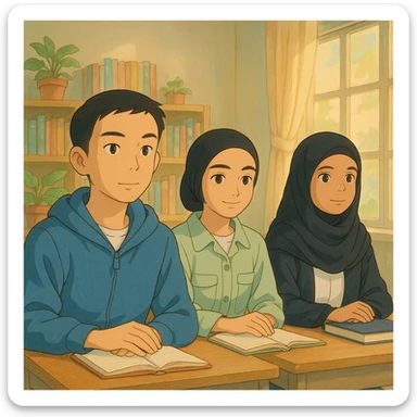 Illustrate four students sitting together attentively following a class, in warm and studious atmosphere, with a soft and bright classroom background, in Ghibli style. sticker