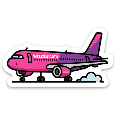 Add the text 'wizzair.com' onto the airplane, keeping the Wizz Air Airbus A320 design and style consistent in a lineal color icon with black outlines style. sticker