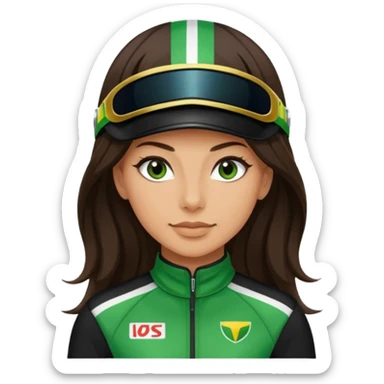 brunette long hair woman with black racing outfit with green strips sticker