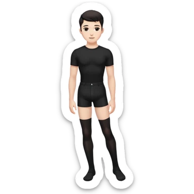 Male in his 20s, clean shaven, feminine look, wearing black thigh highs, black crops, black feminine shorts, is a femboy.   sticker