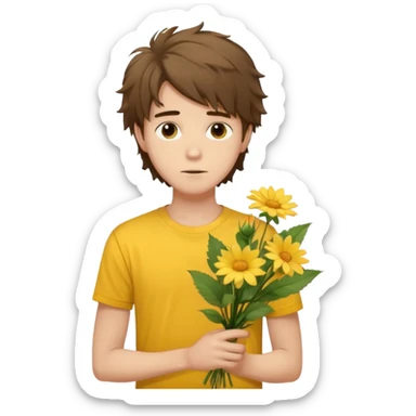 generate an ios genmoji of a 20 year old fair boy with brown long and messy hair with faint stubble. should look like he cant grow a mustache., carrying a flower bouquet, wearing a yellow tshirt, looking shy sticker