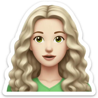 woman with pale skin and green eyes and long wavy medium brown hair with a middle part and soft pink lips sticker