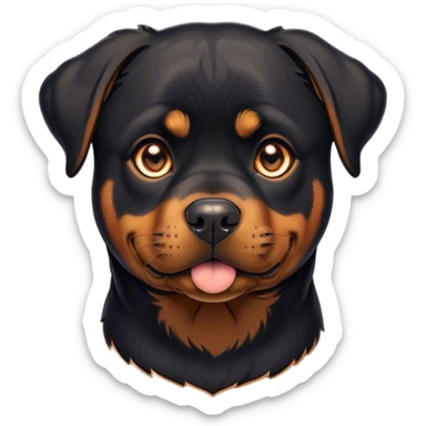 Cinematic Cute Rottweiler Portrait Emoji, Head tilted playfully and inquisitively, featuring a glossy black coat with distinct tan accents, round, sparkling brown eyes filled with curiosity, Simplified yet irresistibly adorable features, highly detailed, glowing with a warm, friendly glow, high shine, affectionate and lively, stylized with a touch of whimsy, bright and endearing, soft glowing outline, capturing the essence of a mischievous yet loving companion, so playful it feels like it could bound out of the screen and into your arms! sticker
