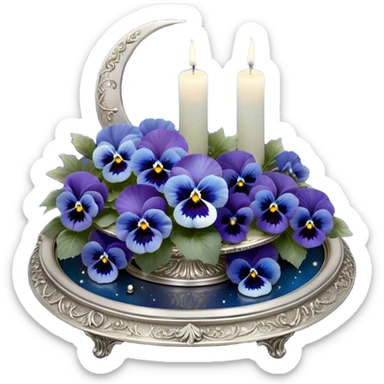 A mesmerizing nighttime scene featuring a cluster of vibrant blue pansies bathed in soft moonlight. In the background, a luminous silver crescent moon hangs low in the sky, partially veiled by delicate wisps of mist. A round, decorative candle in a shimmering pearl color rests on an ornate silver tray, its gentle glow casting flickering reflections on the surrounding petals. Tiny fireflies dance in the air, adding an ethereal touch, while a few scattered crystals glisten among the flowers. sticker