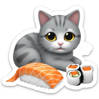 little grey cat eating california sushi roll sticker