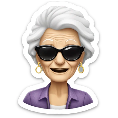 stylish rocker elderly woman using sunglasses making rock’n’roll symbol with the hands sticker