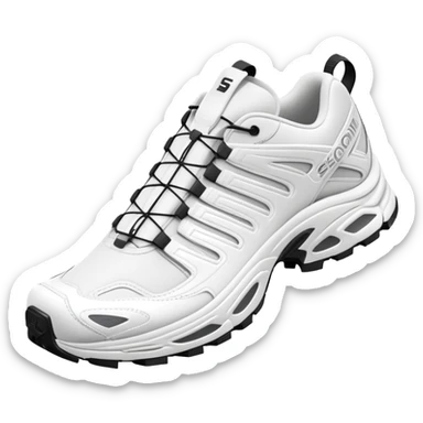 Totally white Salomon XT-6 sneakers with absolutely no color accents, clean white monochrome design, one shoe behind the other, simplified iOS emoji style sticker