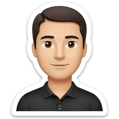 Middle-aged man with strong square face, pronounced jawline, full cheeks, neutral expression, dark brown eyes, thick eyebrows, wide proportional nose, friendly smile with medium lips, short dark hair neatly styled to the side, wearing a black polo shirt sticker
