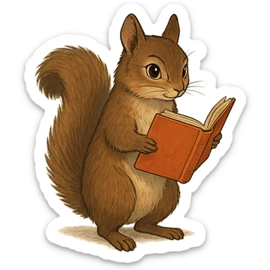 A cute brown squirrel with an orange book, studying at Siberian Federal University, holding the book, full body, detailed fur, intelligent and beautiful sticker