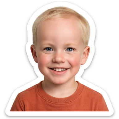 young boy with blond hair, blue eyes, big forehead, smiling, pale complexion with slight red tint from tanning sticker