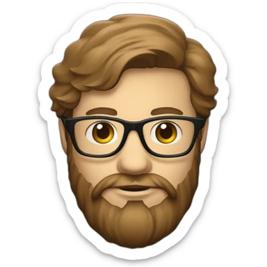 Un visage d’un homme blanc, cheveux couleur châtain avec une barbe couleur châtain bien taillée des lunettes de vue, coiffé en arrière et un casque audio  sticker
