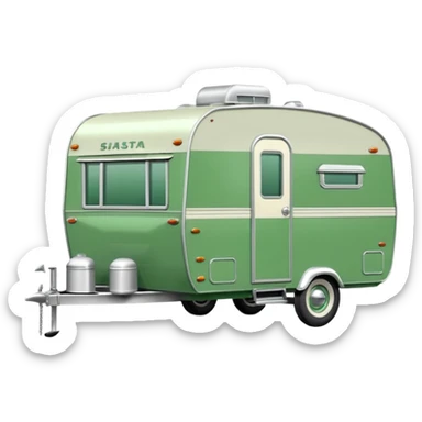 1960s Shasta trailer, single axle wheels, colored all green, the same green shade as movie trailer green preview card, light grey tires and grey hitch sticker