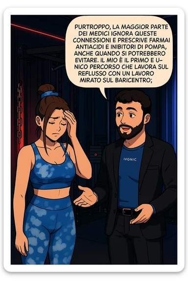 TRASFORMA QUESTO CAROSELLO IN UN FUMETTO STILE WEBTOON/MANGA A COLORI CON QUESTE DUE PERSONE IDENTICHE CHE INTERLOQUISCONO TRA LORO, L'uomo sta spiegando alla donna questo concetto MENTRE LA DONNA SI TIENE la mano sulla fronte sconcertata:

LUI (UOMO): Purtroppo, la maggior parte dei medici ignora queste connessioni e prescrive farmaci antiacidi e inibitori di pompa, anche quando si potrebbero evitare.
Il mio è il primo e unico percorso che lavora sul reflusso con un lavoro mirato sul baricentro; sticker
