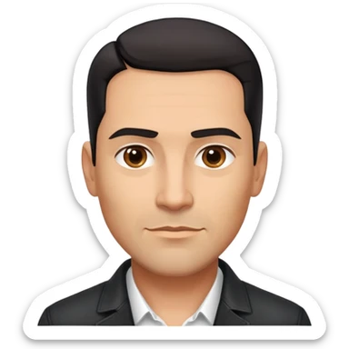 Attractive Hispanic TV host in his mid to late 40s with light brown skin, short straight black hair slicked back with fade on sides, square handsome face with strong jawline, friendly approachable expression, wearing open black jacket revealing white buttoned shirt underneath sticker