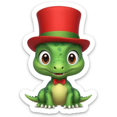 A very cute and adorable green anthropomorphic baby dinosaur with a red top hat sticker