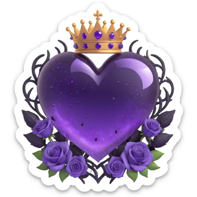 gothic heart made of purple glass with a crescent moon below the heart, black roses forming a crown, twinkling stardust, split lightning, scattered raindrops, splintered cracked glass texture sticker