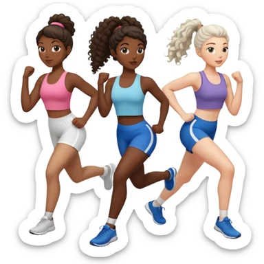 three women friends exercising together, one black woman with curly brown hair, one pale white woman with curly brown hair, and one white woman with straight brown hair in a ponytail positioned on the right sticker