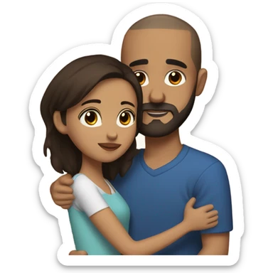 Comforting hug from brunette Puerto Rican with dark brown eyes to short, bald man with brown eyes and a beard sticker