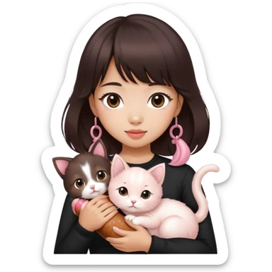 Asain girl with pink blush, wearing a black skinny top, long dark brown curled hair with straight bangs. Carrying a white kitten and a brown sausage puppy.  sticker