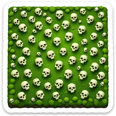A creepy moss covered ground with skulls from a top down perspective. In the style of your bleeding skull art. In a realistic style covering the whole screen with little tint skulls. No border, all moss sticker