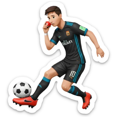 Lionel Messi holding and kissing a football boot with CR7 initials sticker