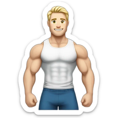 caucasian white muscled guy drinking a protein shake, goes to the gym everyday and works in tech. Has blonde/brunette hair, blue eyes. sticker
