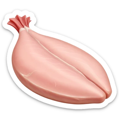 raw chicken fillet, boneless, tapered, pale pink, smooth, slightly glossy, moist, subtle muscle grain, gentle curves, fresh, lean, flat or curved, no plate or extra elements, no faces, clean 3D rendering, soft shadows, transparent background, emoji scale sticker