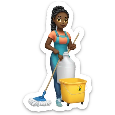 A thick black girl with braids in a ponytail standing cleaning supplies sticker