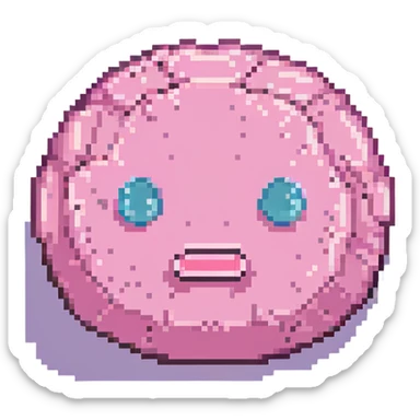 16-bit pixel art of a pink frowny face smooth rounded blob, simple retro gaming style sticker
